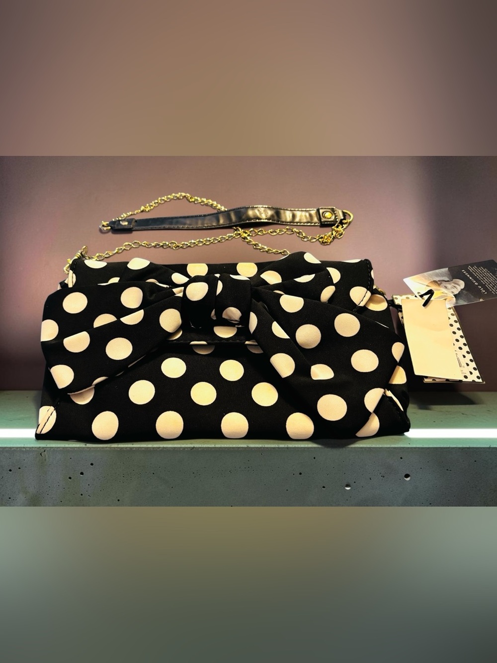 Lulu Guinness Black Polka Dot Bow Clutch with Gold Chain